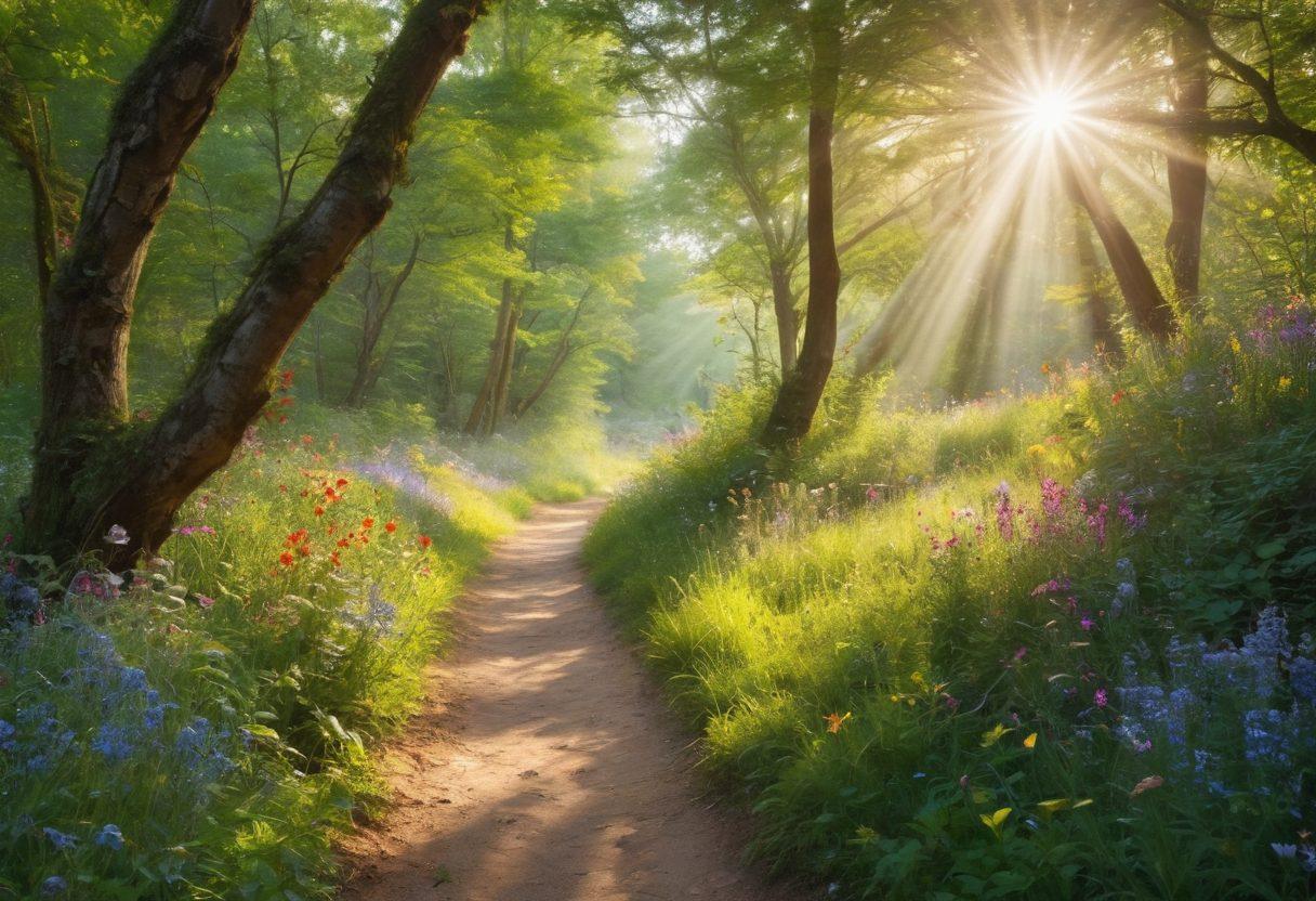 A serene scene depicting a winding path through a lush forest, dotted with vibrant wildflowers and dappled sunlight filtering through the leaves. Along the path, individuals of diverse backgrounds are engaging in joyful activities like meditation, laughter, and yoga. An ethereal light glows at the end of the path, symbolizing bliss. The atmosphere exudes peace and tranquility. super-realistic. vibrant colors. natural elements.