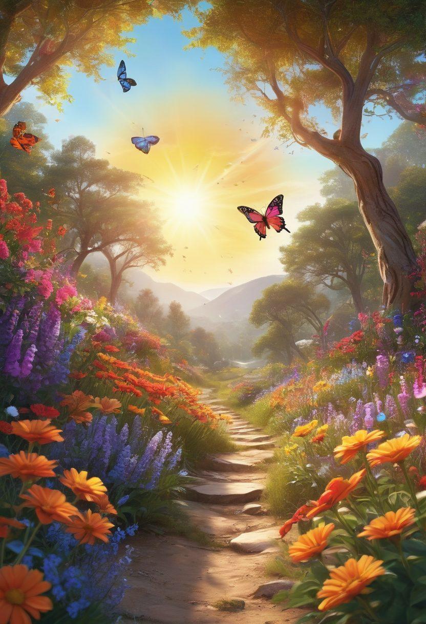 A vibrant landscape filled with colorful flowers, butterflies fluttering, and a radiant sun shining down, symbolizing joy and exuberance. Include a diverse group of people laughing and sharing moments of happiness, surrounded by nature. Add soft, flowing ribbons of light swirling through the scene to enhance the feeling of bliss. super-realistic. vibrant colors. 3D.