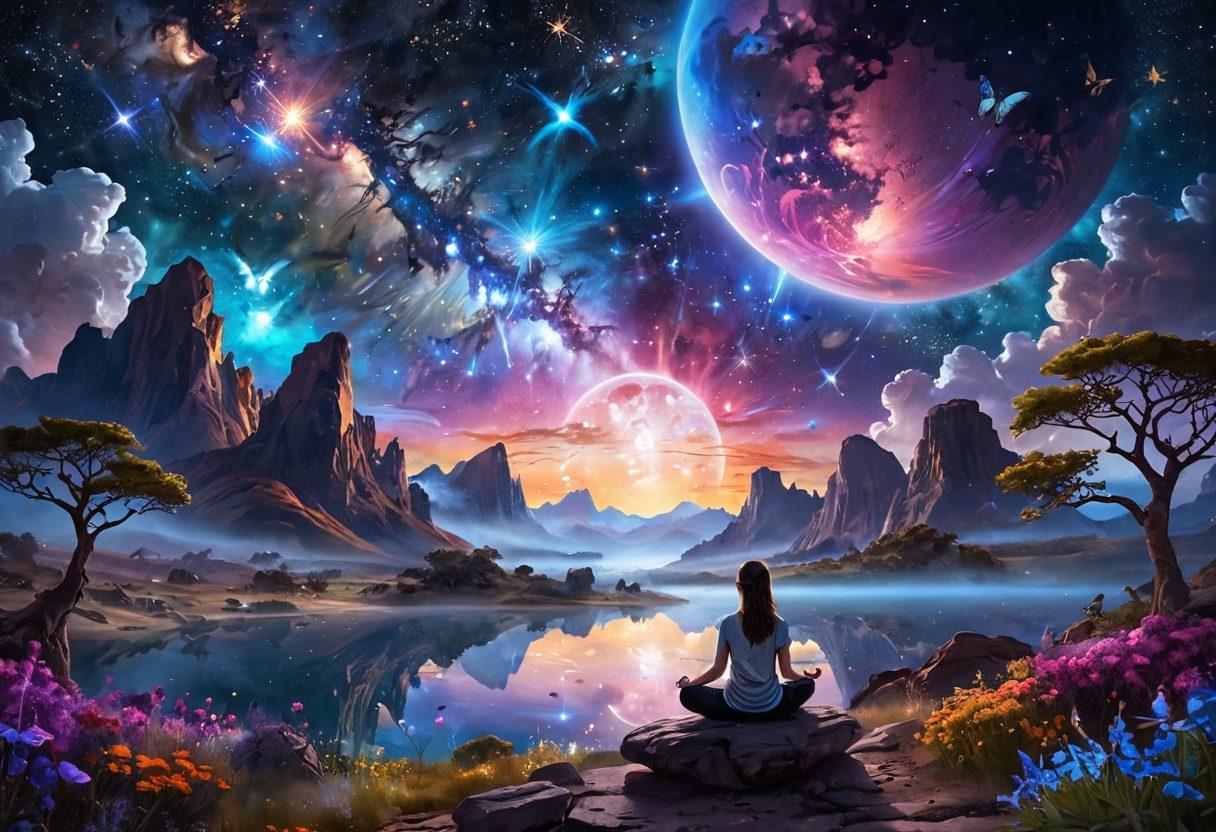 A serene cosmic landscape showcasing a radiant universe with twinkling stars, vibrant nebulae, and a glowing, oversized Earth in the foreground. Include diverse figures meditating in harmony, surrounded by symbols of joy such as butterflies and flowers. The atmosphere should exude a sense of wonder and peace, inviting viewers into the secrets of happiness. super-realistic. vibrant colors. ethereal glow.